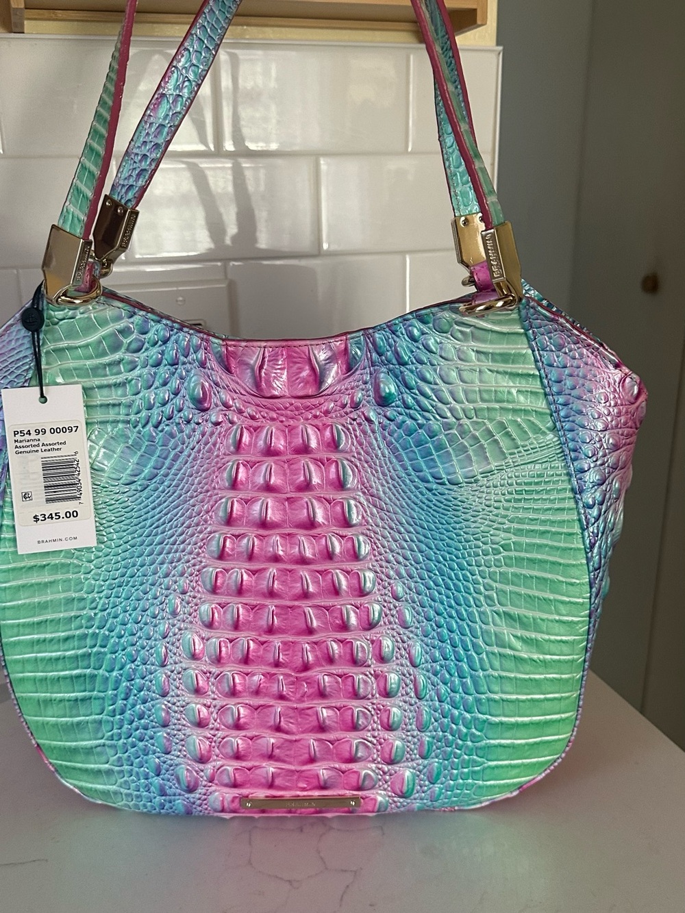 Brahmin Marianna Ombre Croc-Embossed Leather Shoulder Bag - Pink & Green